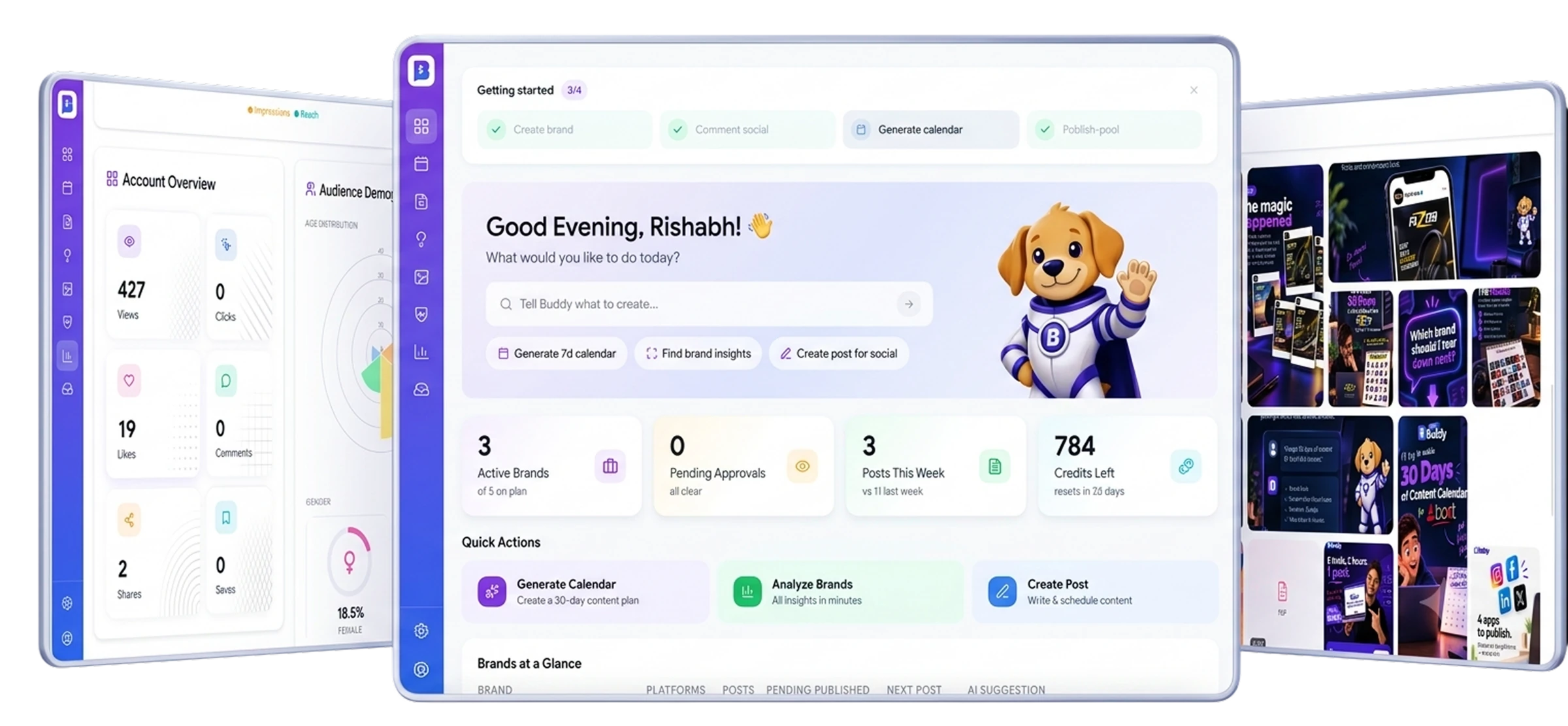 Super Buddy AI social media management dashboard shown across desktop and mobile